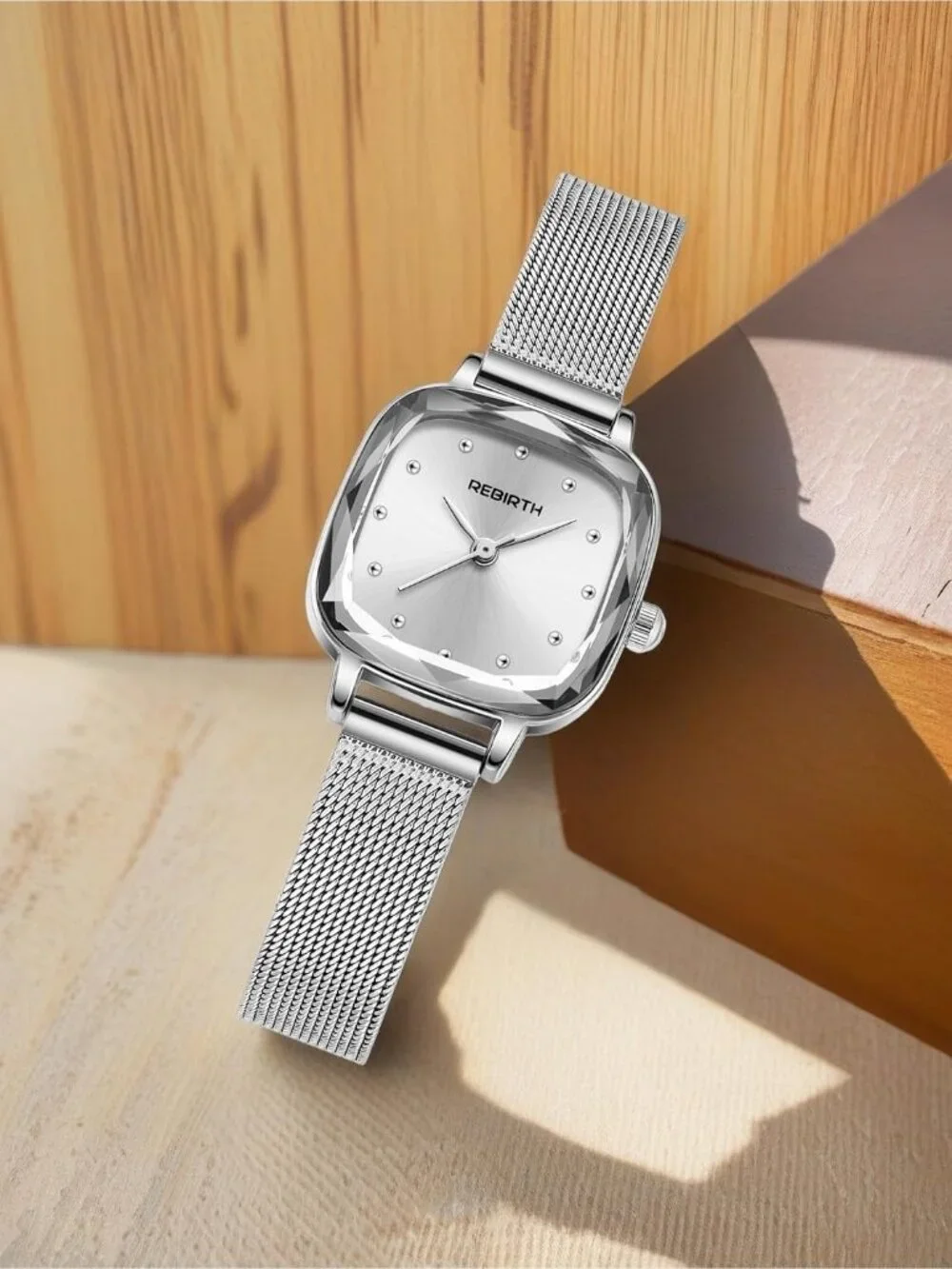 Women's Silver Square Minimalist Dial Mesh Band Crystal Case Wrist Watch